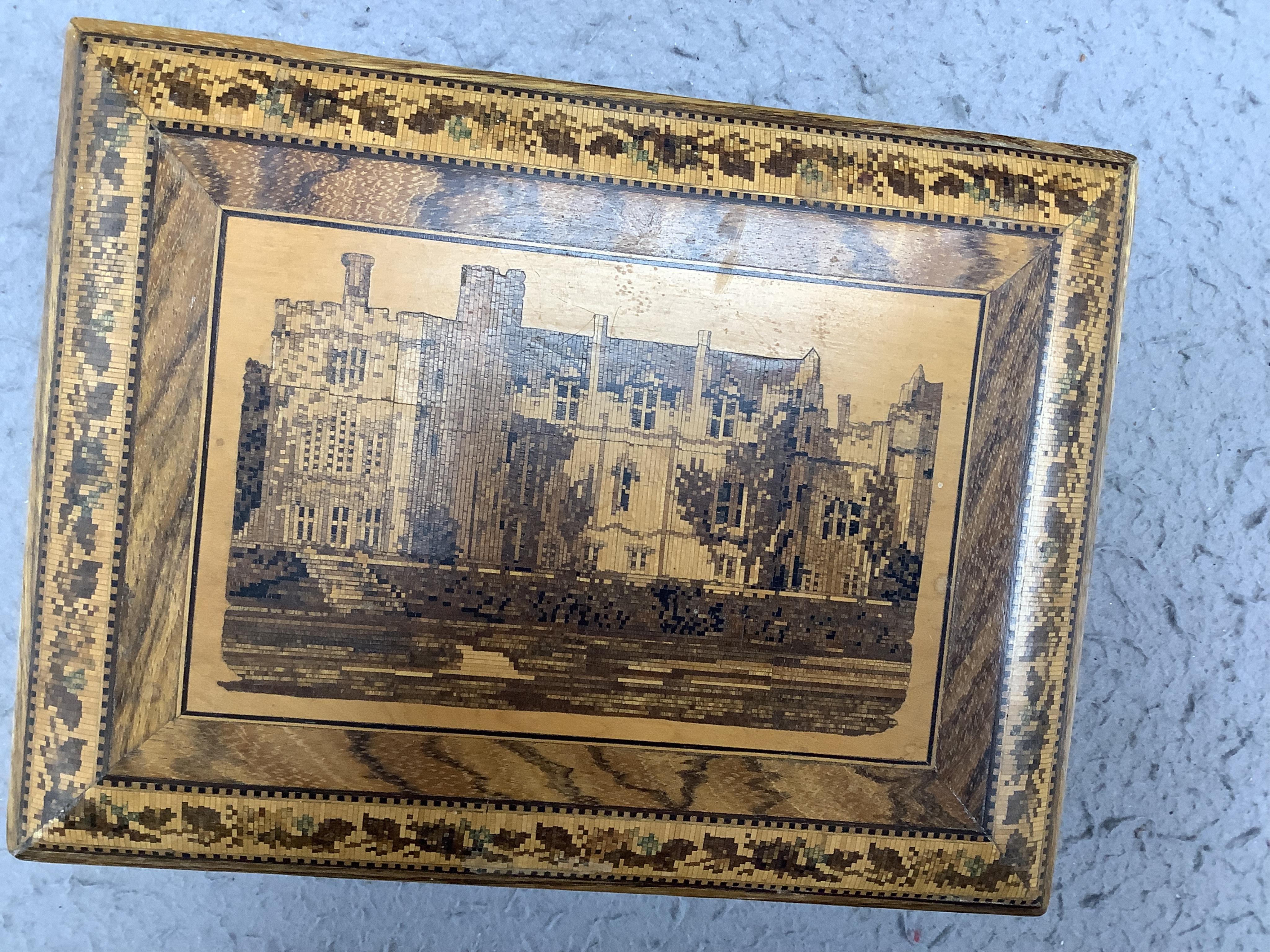 A 19th century Tunbridge ware box, view of Hever Castle, 21cm wide